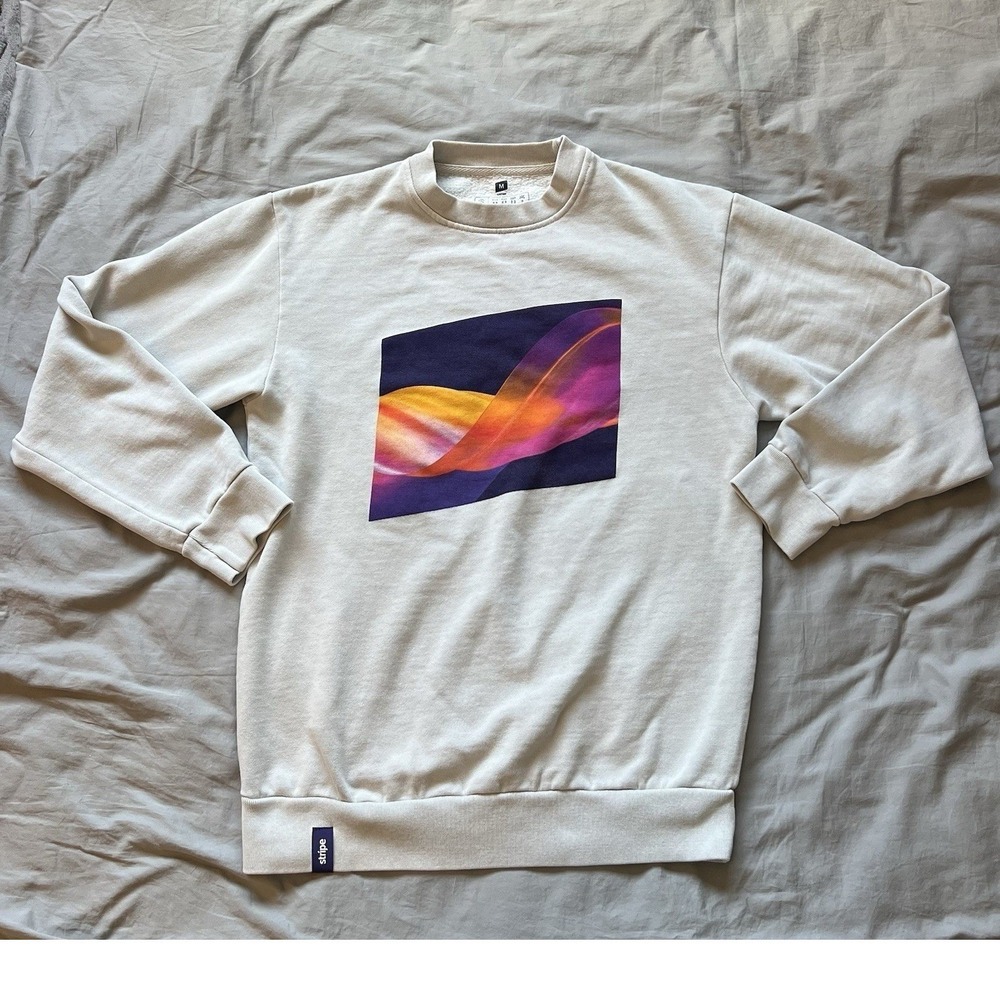 STRIPE Sweatshirt Unisex Size Medium Beige Abstract‎ Graphic Print Pullover